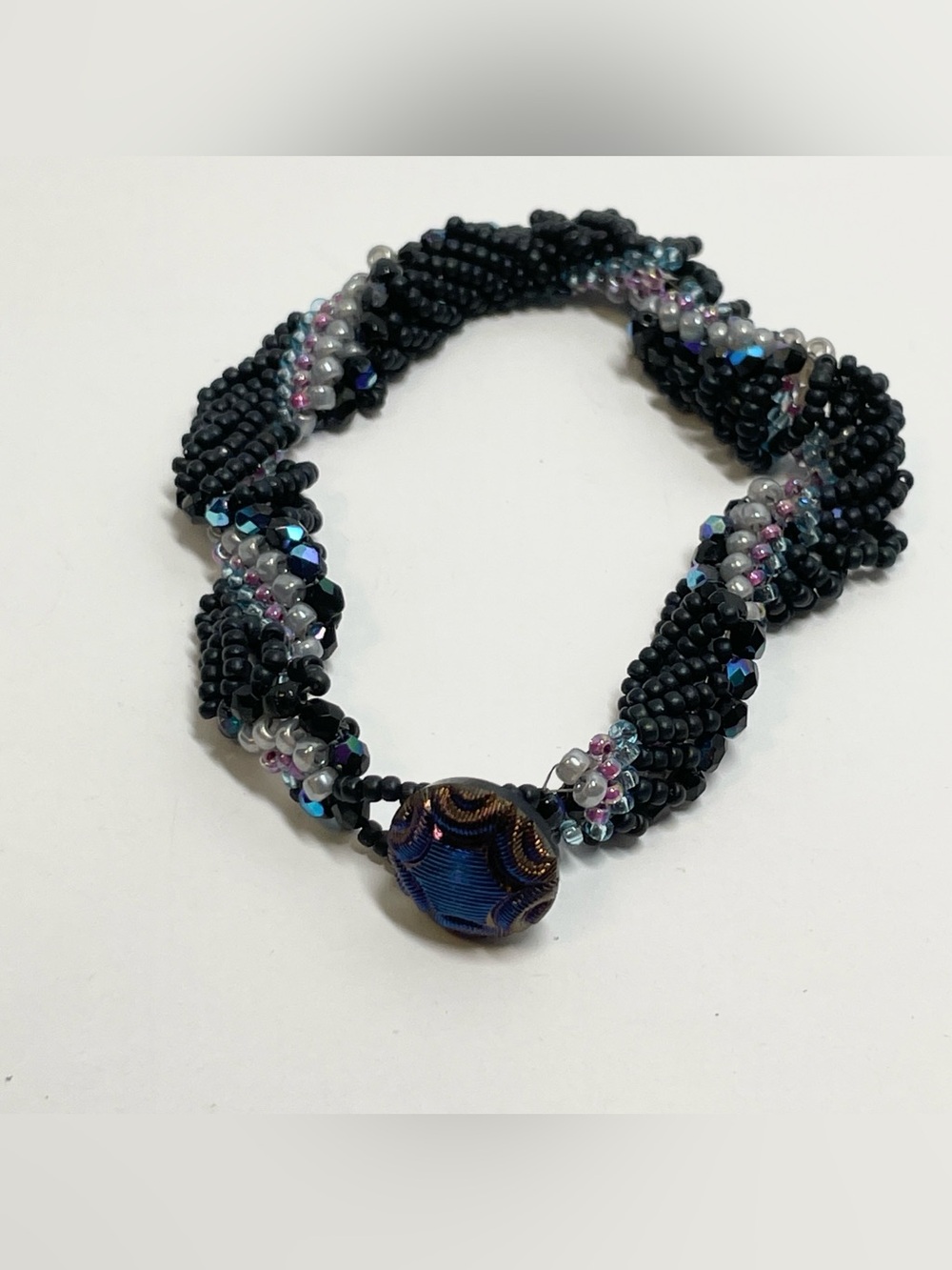 Iridescent Clear Matte Black Purple Blue Seed Bead Cuff Bracelet Button Closure